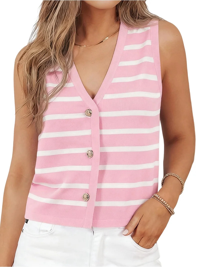 Women'S Knit Striped Vest Sleeveless Button Down Cardigan Short Cropped Sweater Waistcoat Pink S | Walmart (US)