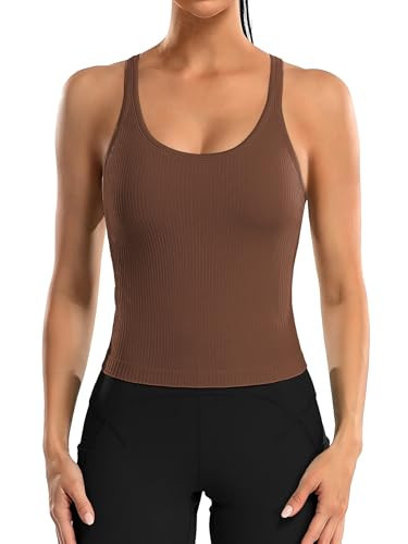 ATTRACO Womens Cropped Workout Tops with Built in Bra Racer Back Yoga Tops Brown XL | Amazon (US)