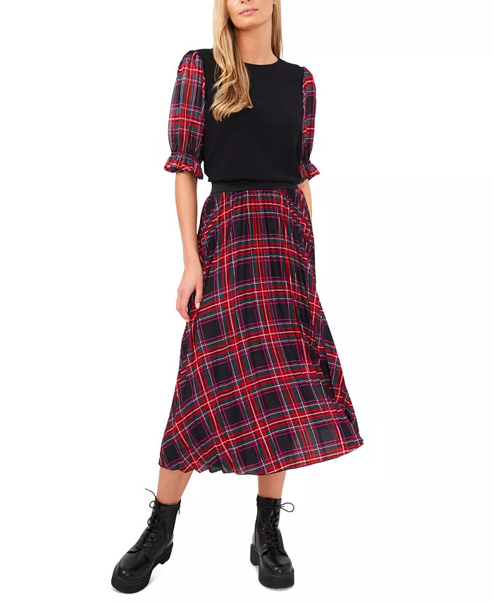 CeCe Women's Mixed-Media Plaid-Sleeve Crewneck Tee & Reviews - Tops - Women - Macy's | Macys (US)