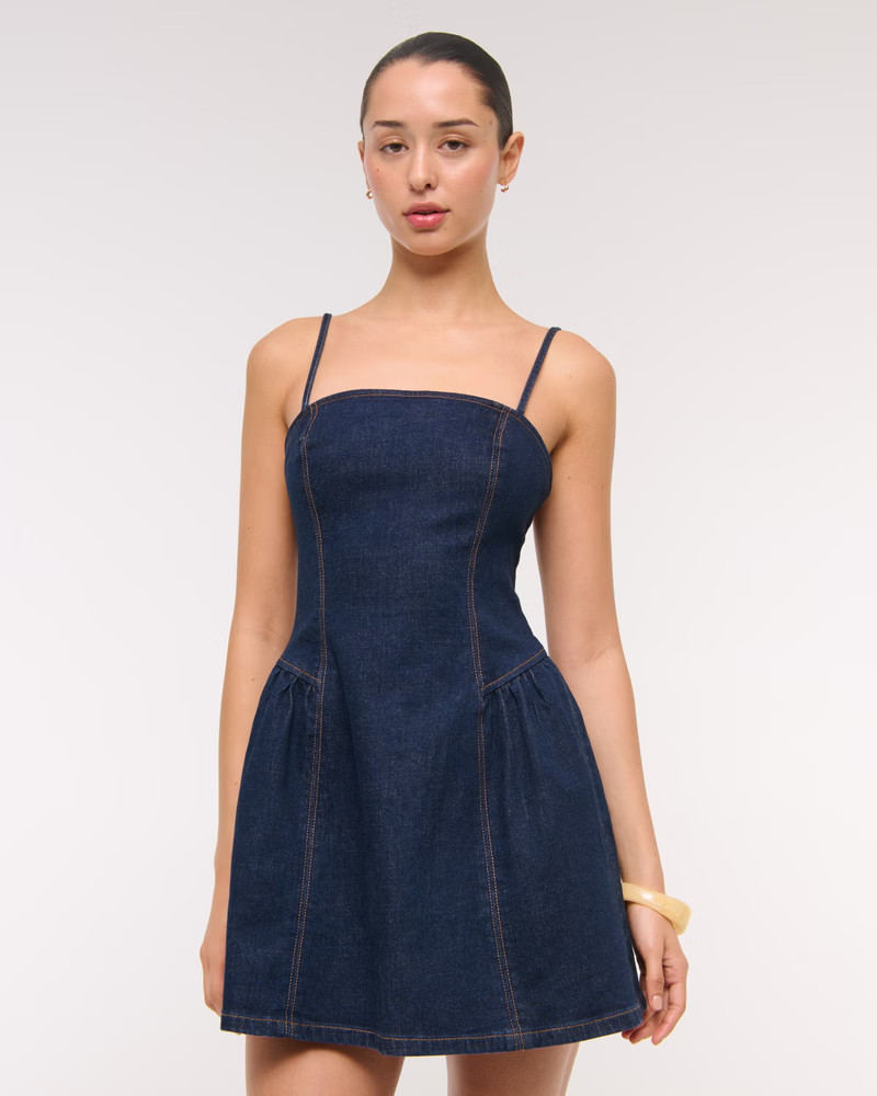 Women's Dipped-Waist Denim Crossback Mini Dress | Women's New Arrivals | Abercrombie.com | Abercrombie & Fitch (US)