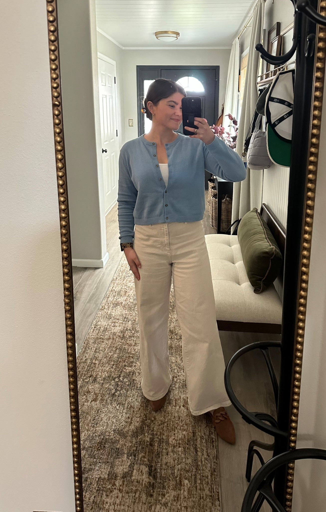 Cropped baby blue cardigan for spring! 

Work outfit, teacher outfit, wide legged sailor jeans, blue sweater, spring outfit 

#LTKSeasonal #LTKPetite #LTKootd