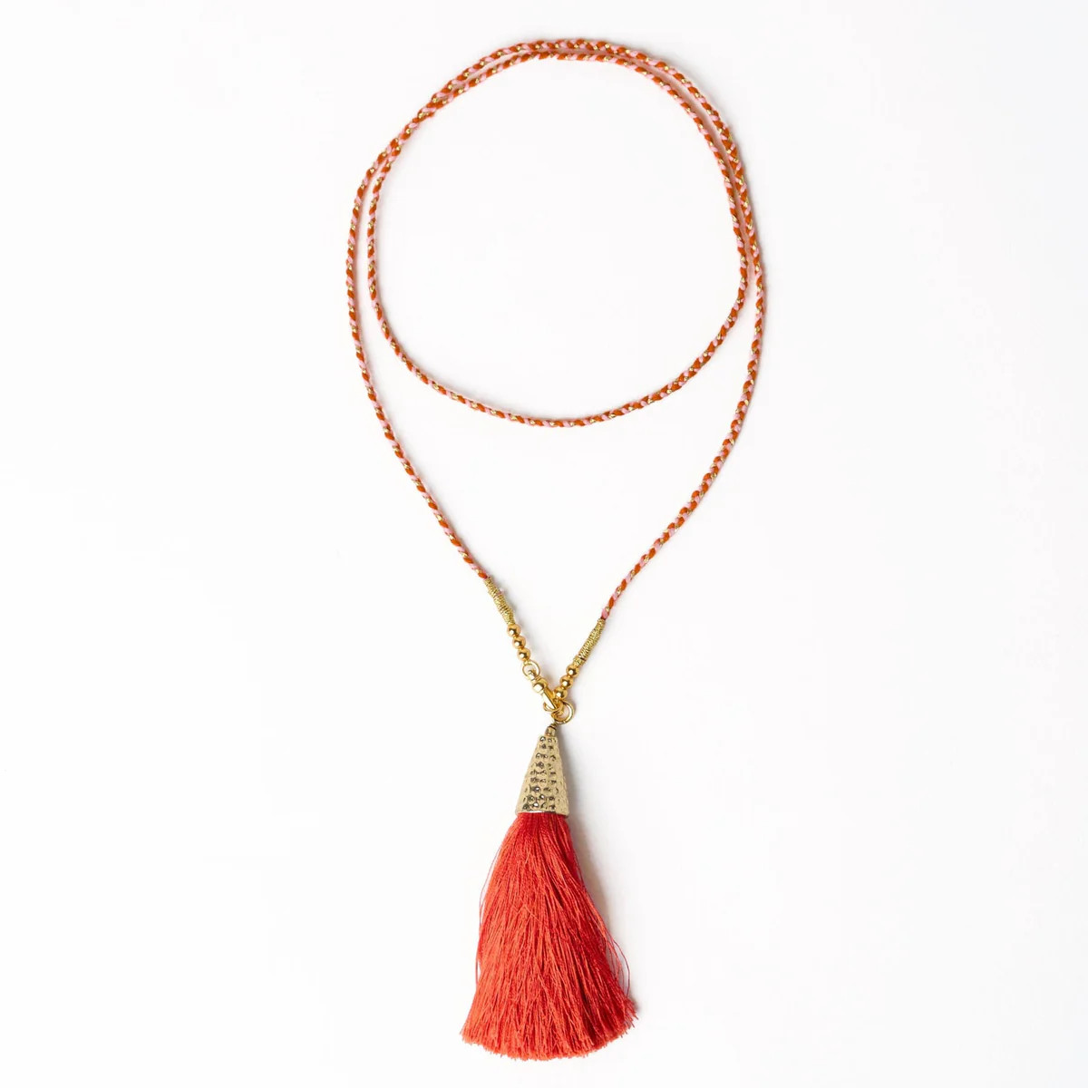 Roxanne Braided Necklace With Tassel Coral + Blush | INK+ALLOY