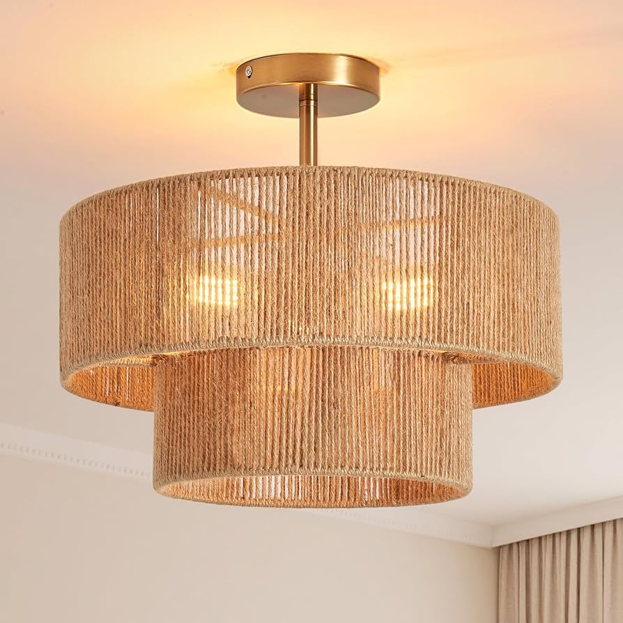 Boho Semi Flush Mount Ceiling Light Gold Rattan Ceiling Light 15.4" Farmhouse Ceiling Lamp with N... | Amazon (US)