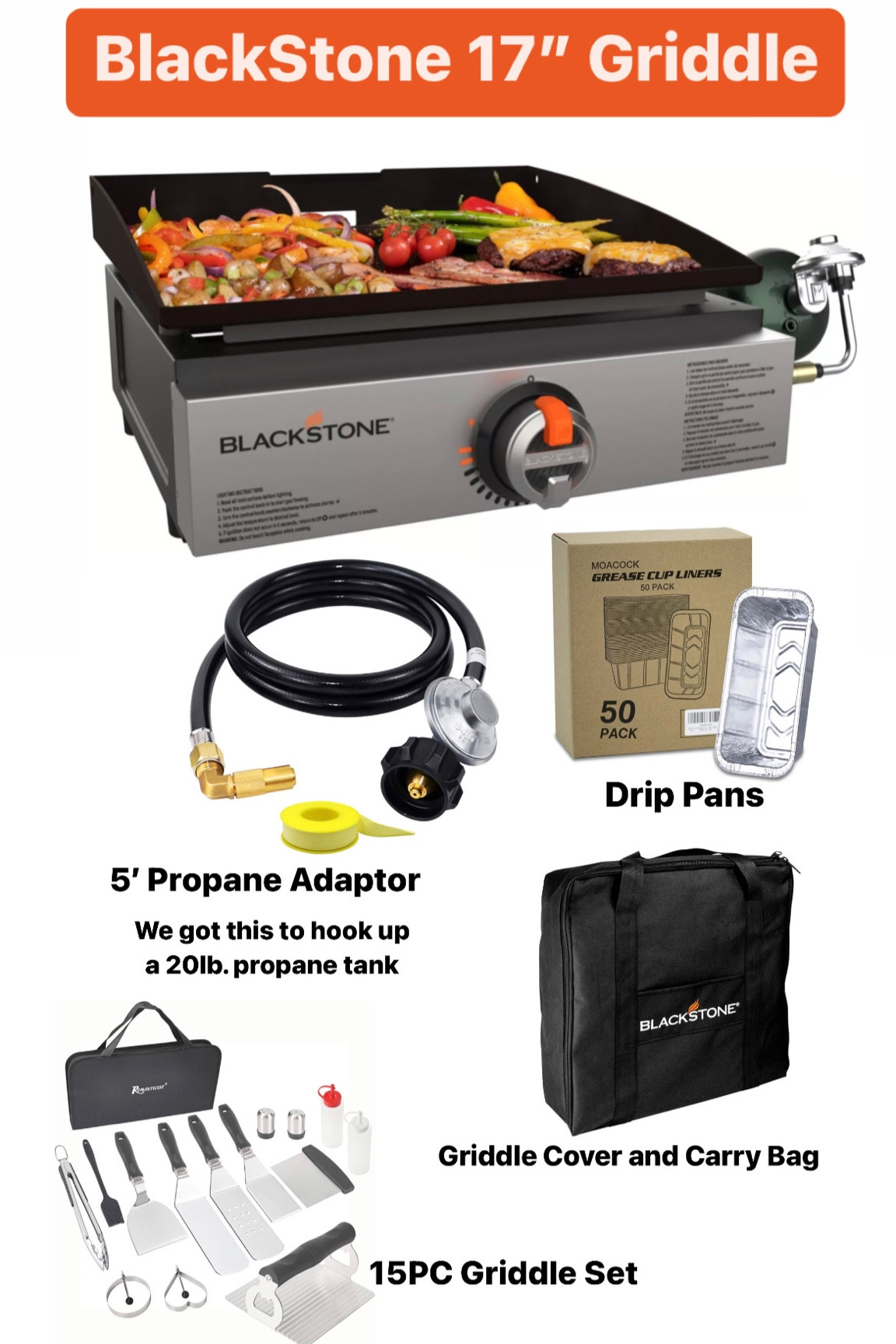 Blackstone Griddle and Accessories. Perfect for camping, tail gate parties or home grilling. Highly recommend the 5’ adapter hose to hook up a 20lb. propane tank - cooks food faster  

#LTKHoliday #LTKSeasonal #LTKhome