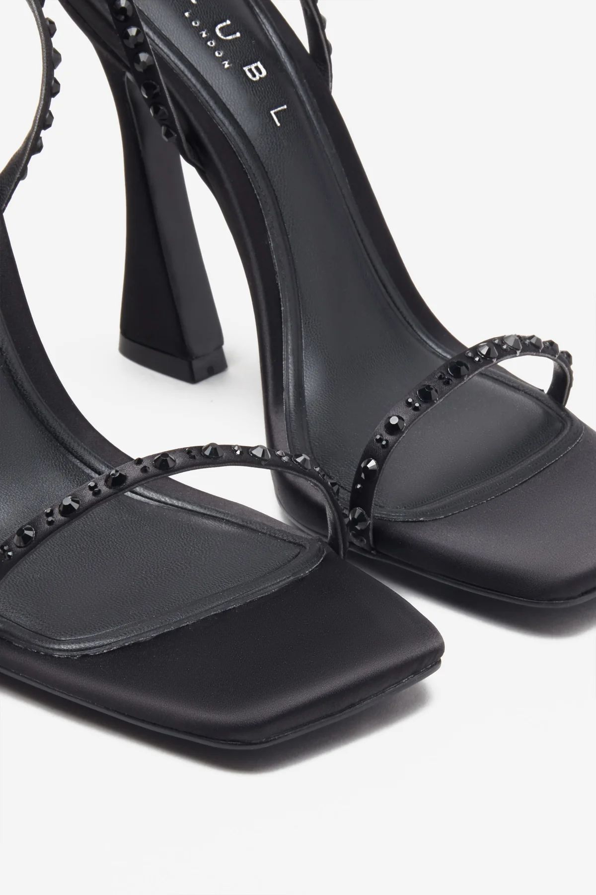 Nostalgia | Black Satin Heeled Sandals With Diamante Straps | Club L London