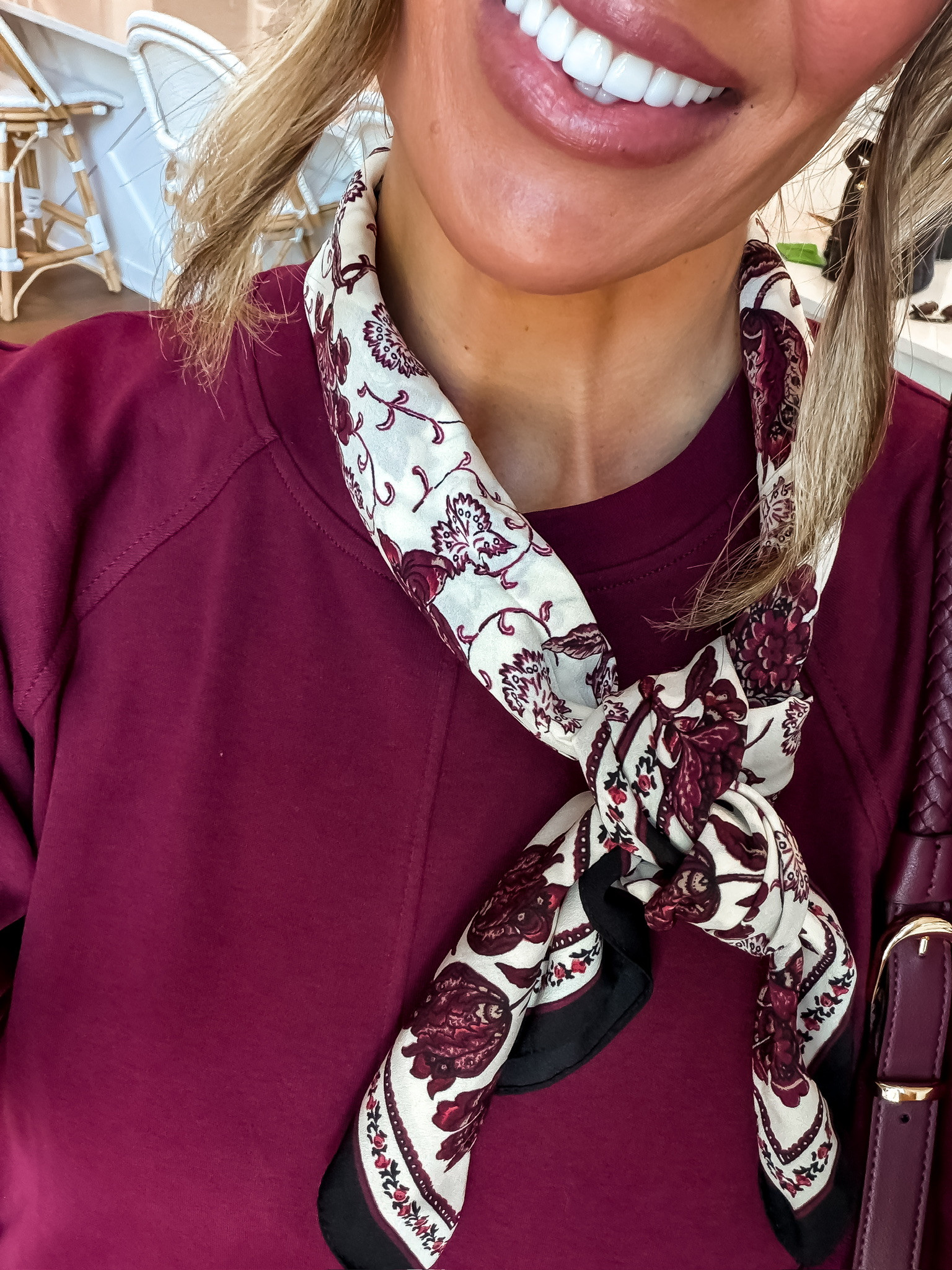 A silk scarf is such a fun way to change a simple fall top. I love the burgundy and cream print tied at the neck with this rich berry color—it adds pattern and interest without adding another layer.

fall scarf, silk scarf, neck scarf, burgundy outfit, berry fall outfit, scarf styling, fall accessories, printed scarf, casual fall outfit, women’s fall fashion, fall styling ideas, themominstyle

#LTKootd #LTKOver40 #LTKSeasonal