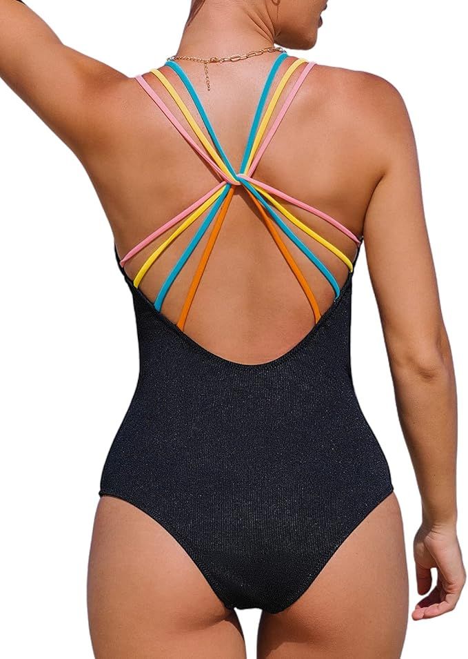 popvil Texture One Piece Bathing Suit for Women Tummy Control Swimsuit Rainbow Straps Crisscross ... | Amazon (US)