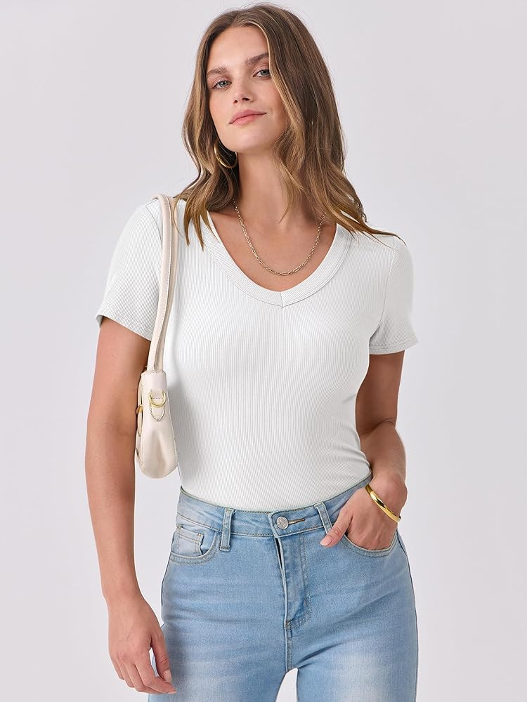 ANRABESS Women Short Sleeve V Neck Ribbed Knit Fitted Shirts Basic Tees Tops 2025 Summer Casual T... | Amazon (US)