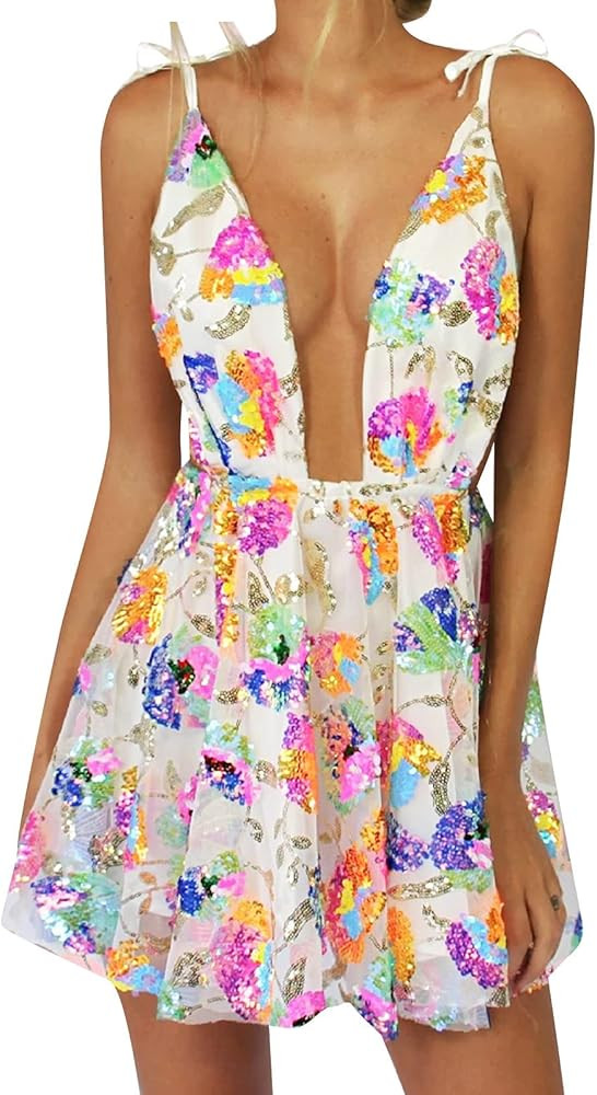 Women's Sexy Sequin Bodycon Dress Deep V Neck Lace Up Backless Bandage Cocktail Club Party Mini D... | Amazon (US)