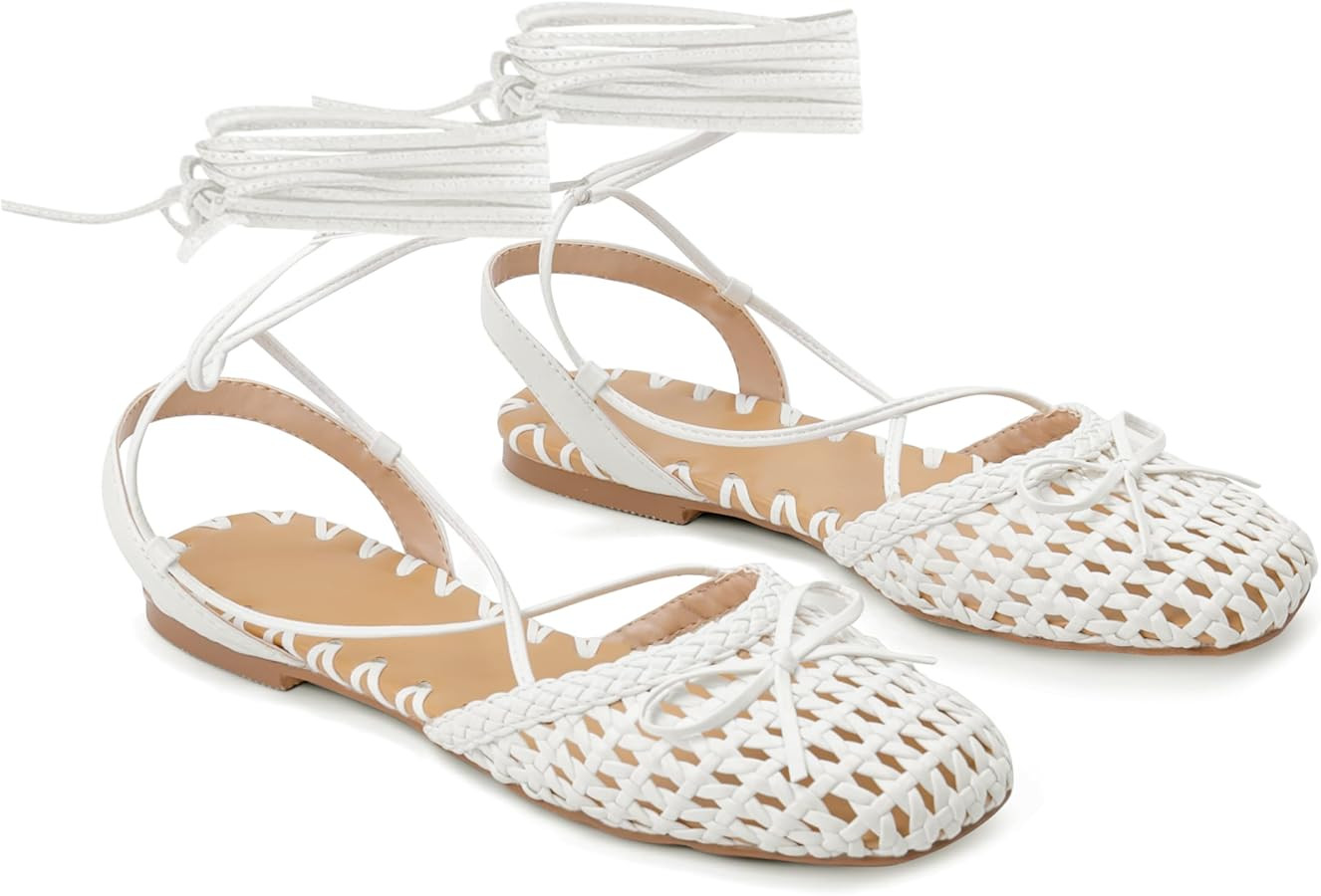 Woven Ballet Flats for Women Lace Up Closed Square Toe Summer Flats Shoes | Amazon (US)