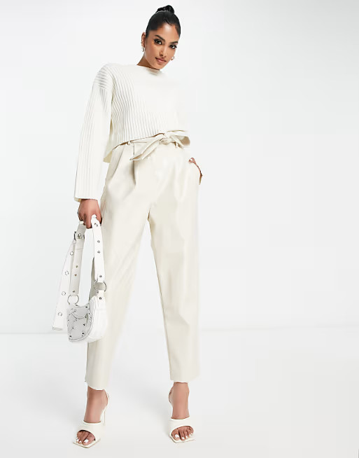 ASOS DESIGN croc leather look tie pants in ecru | ASOS (Global)