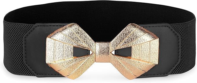 BOLEROSE Wide Elastic Cinch Stretch Waistband Retro Gold Bow Buckle Waist Belt | Amazon (US)