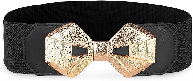 BOLEROSE Wide Elastic Cinch Stretch Waistband Retro Gold Bow Buckle Waist Belt | Amazon (US)