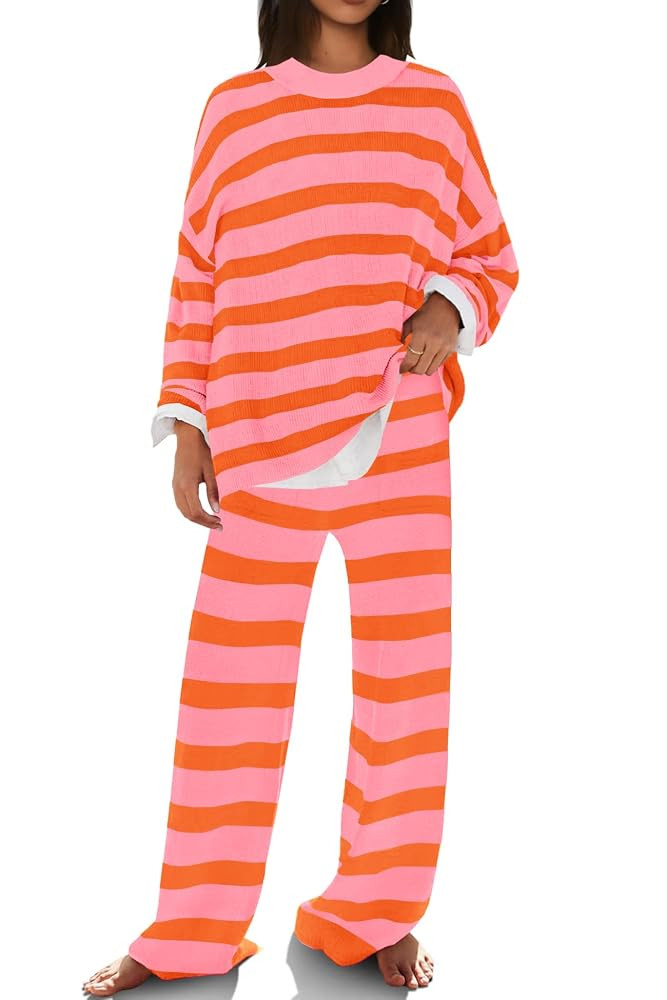 SENSERISE Womens Lounge Sets Oversized Sweater Set Striped Long Sleeve Tops and Pants Pajamas wit... | Amazon (US)