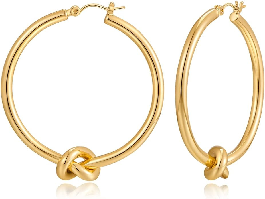 Gold Hoop Earrings for Women Girls 18K Gold Plated Knot Hoop Earrings Statement Lightweight Thick... | Amazon (US)