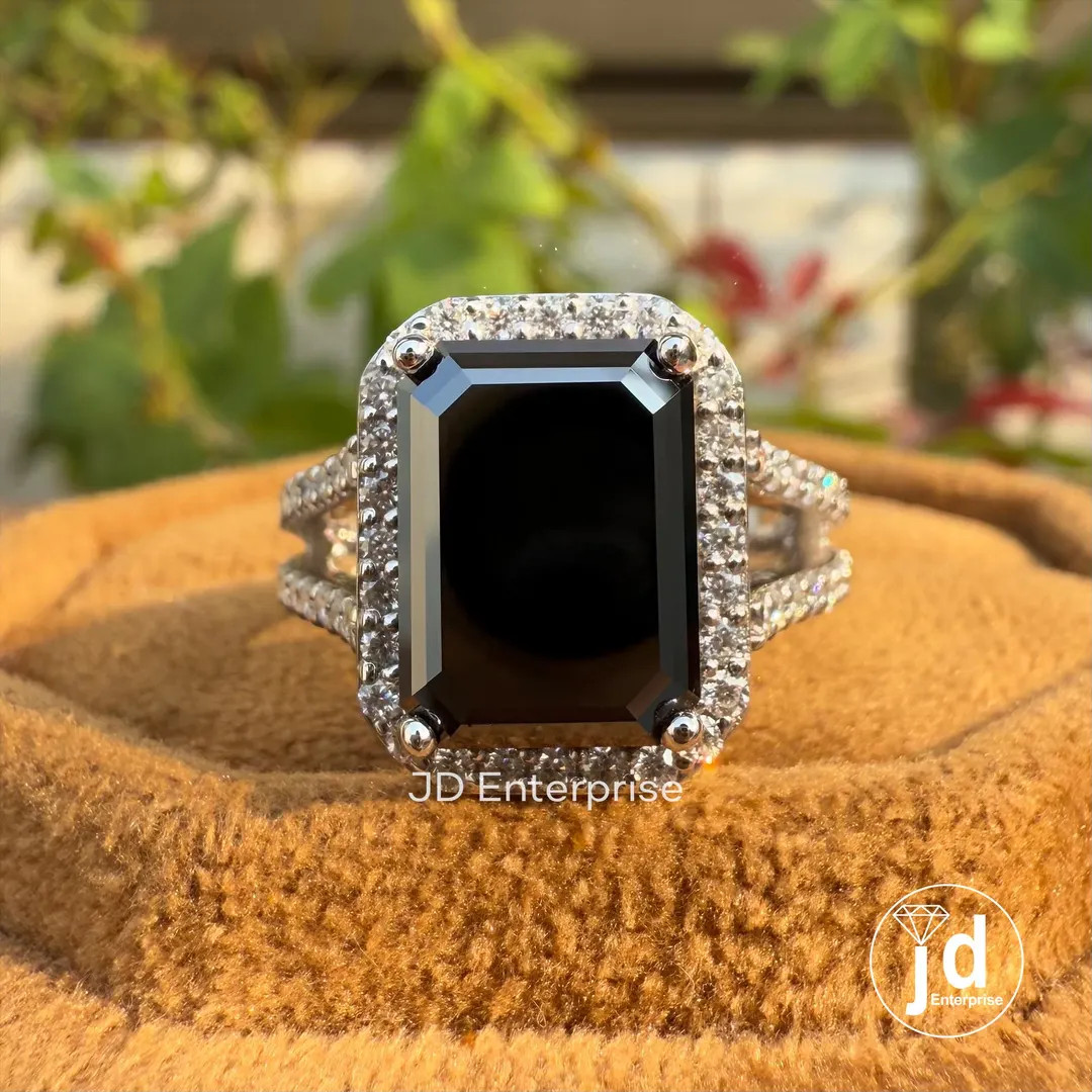 Emerald Cut Rich Deep Black Moissanite Halo Engagement Ring, Split Shank Pave Moissanite Wedding ... | Etsy (US)