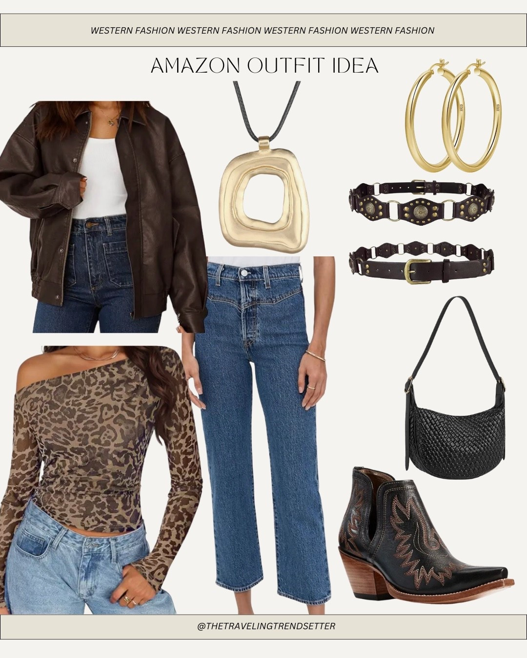 Amazon fashion - leather jacket - Amazon fall outfit idea - country concert outfit idea - cowgirl boots cowgirl booties - leather woven bag - leopard long sleeve - brass and black belt - gold statement necklace - hoop earrings 

#LTKFindsUnder100 #LTKFindsUnder50 #LTKStyleTip