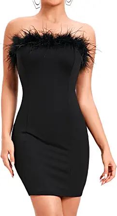 Amazon.com: CYCLAMEN Women's Feather Dress Tube Dress Slim Fit Bodycon Mini Midi Cocktail Party C... | Amazon (US)