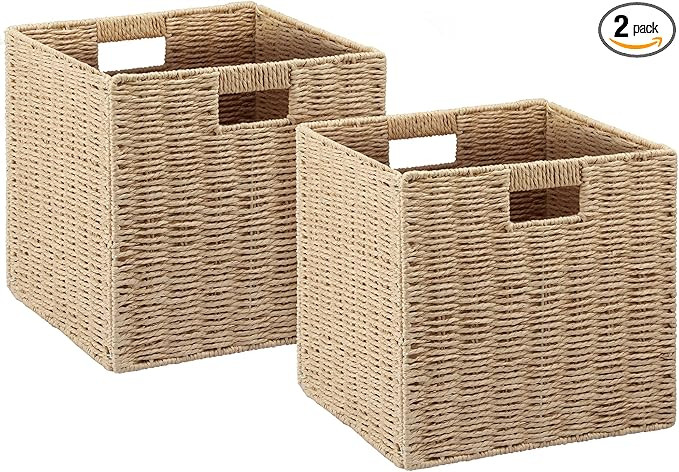 2 Pack Wicker Baskets, Graciadeco Hand-Woven Paper Rope Storage Baskets Woven, Foldable Storage C... | Amazon (US)