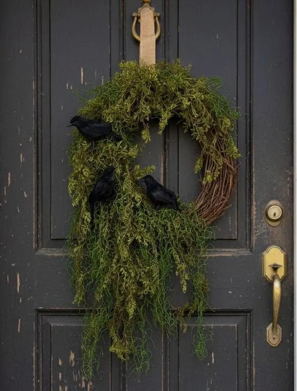 Halloween Enchanted Raven Wreath,Moody Spanish Moss Front Door Decor,Boho Fall Wreath,Eerie Halloween Mossy Wreath,Cottage Core Crow Wreath | Etsy (Global)