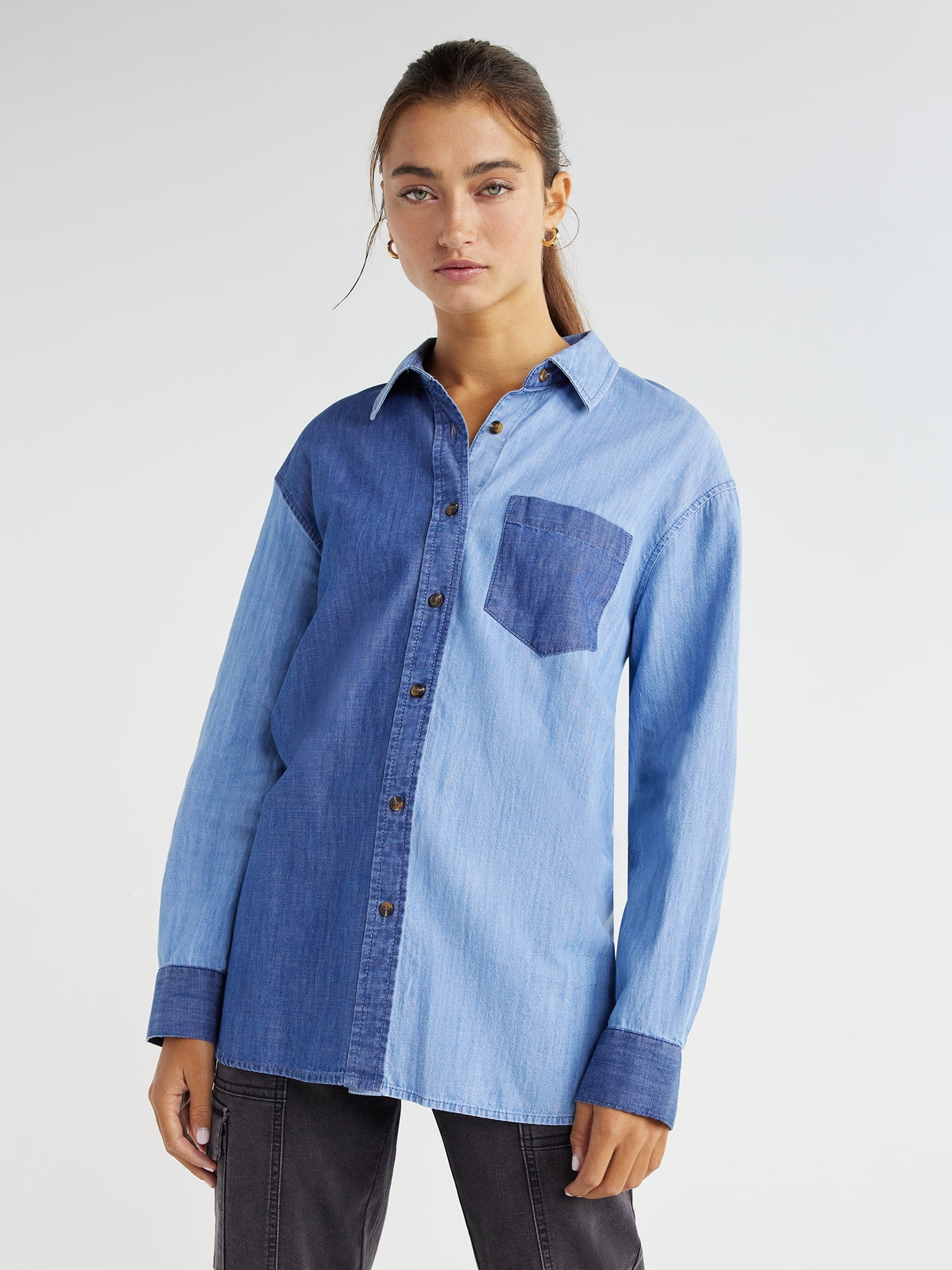 Time and Tru Women's Button Down Shirt with Long Sleeves, Sizes XS-XXXL - Walmart.com | Walmart (US)