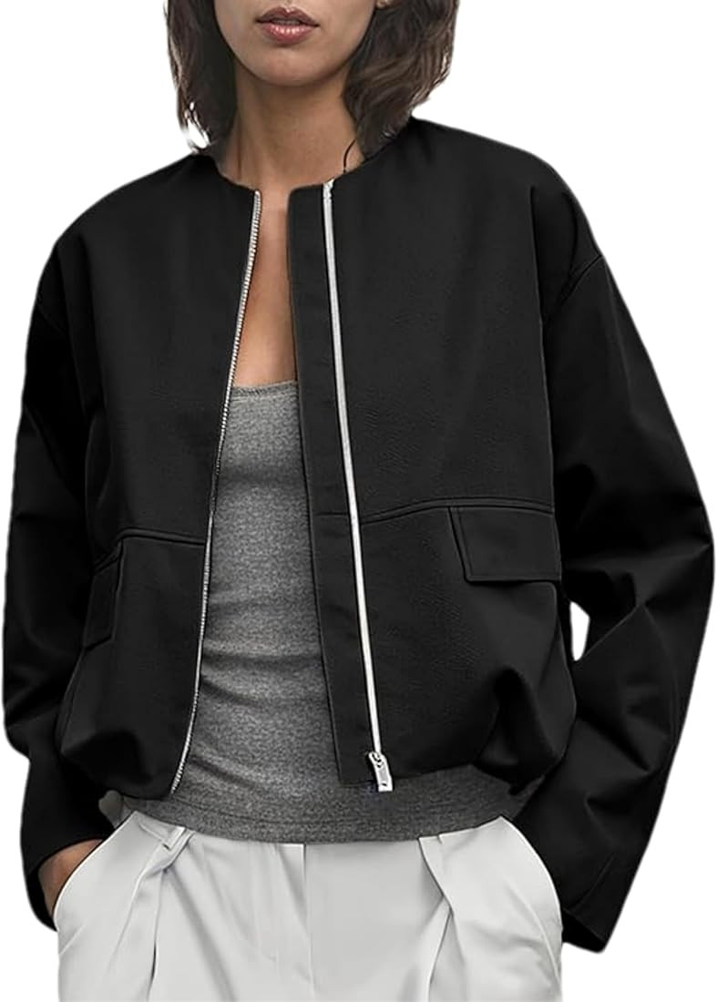 Women's Cropped Bomber Jacket Zip Up Long Sleeve Baseball Varsity Casual Lightweight Jacket with ... | Amazon (US)