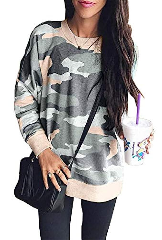 BTFBM Women Camouflage Print Long Sleeve Crew Neck Loose Fit Casual Sweatshirt Pullover Tops Shirts | Amazon (US)