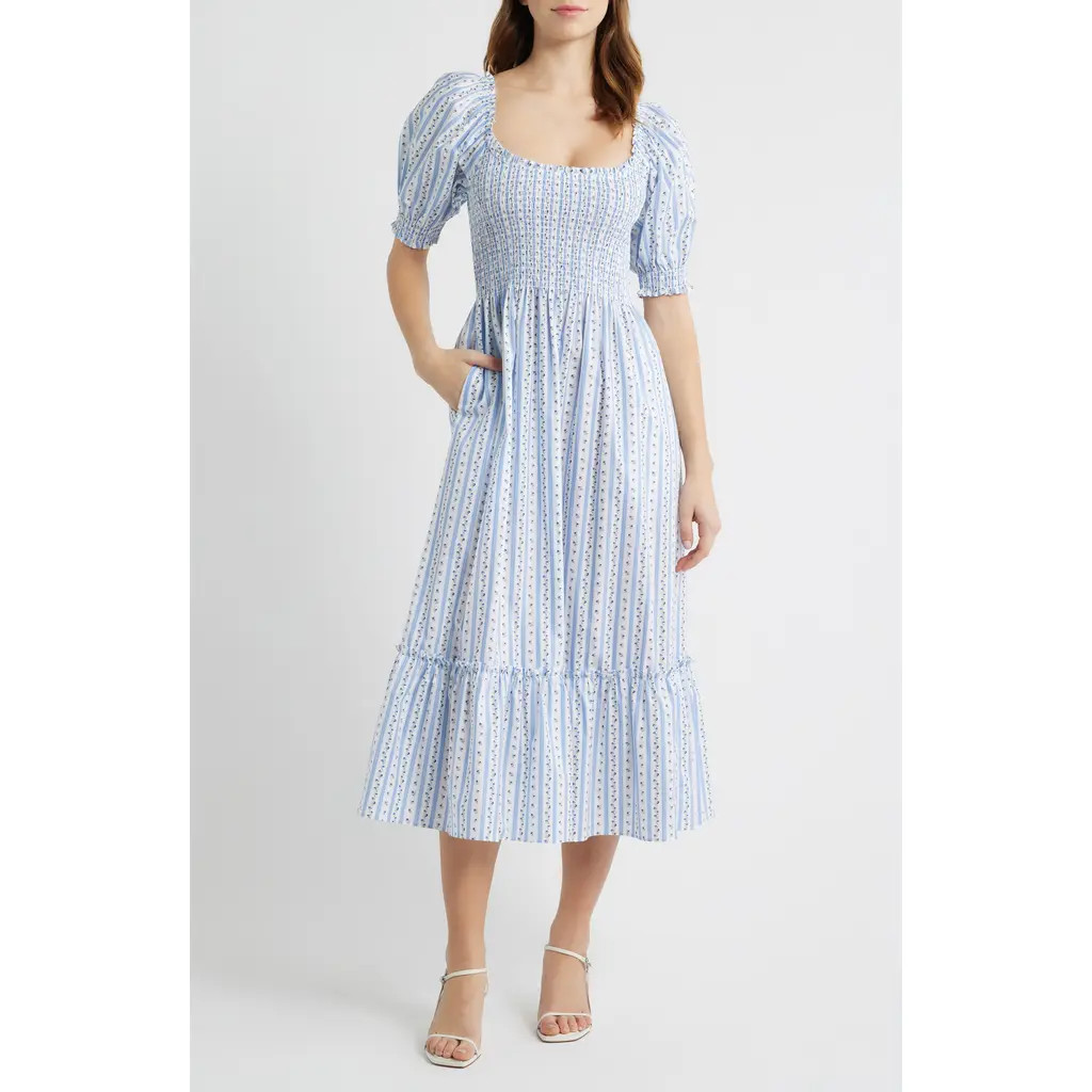 Hill House Home The Louisa Ditsy Floral Midi Nap Dress in Petal Stripe Blue at Nordstrom, Size Medium | Nordstrom
