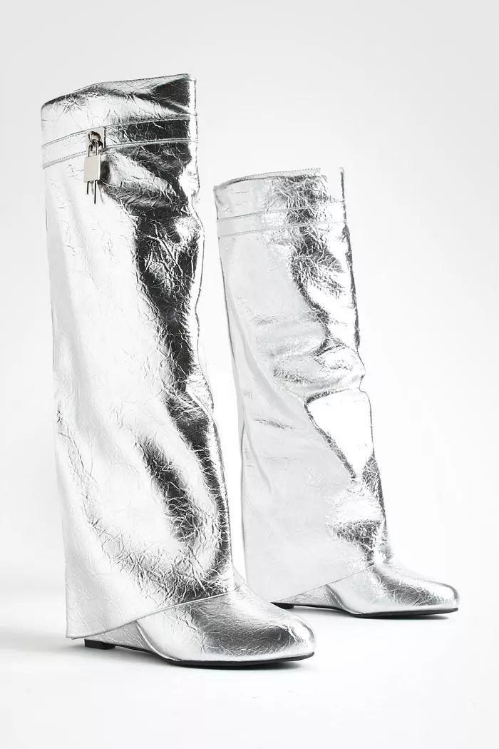 Metallic Padlock Detail Wedge Fold Over Knee Boots | boohoo (US & Canada)