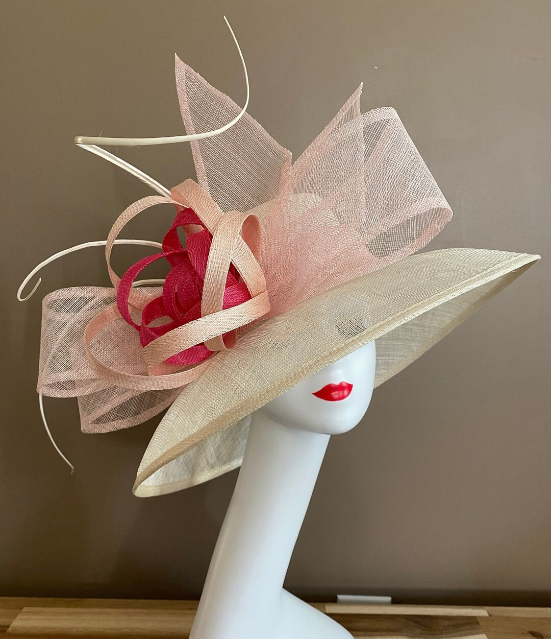 Cream/Pale Pink Carriage Church Kentucky Derby Hat with Soft Pink Bow and Shades Pink Sinamay Flo... | Etsy (US)
