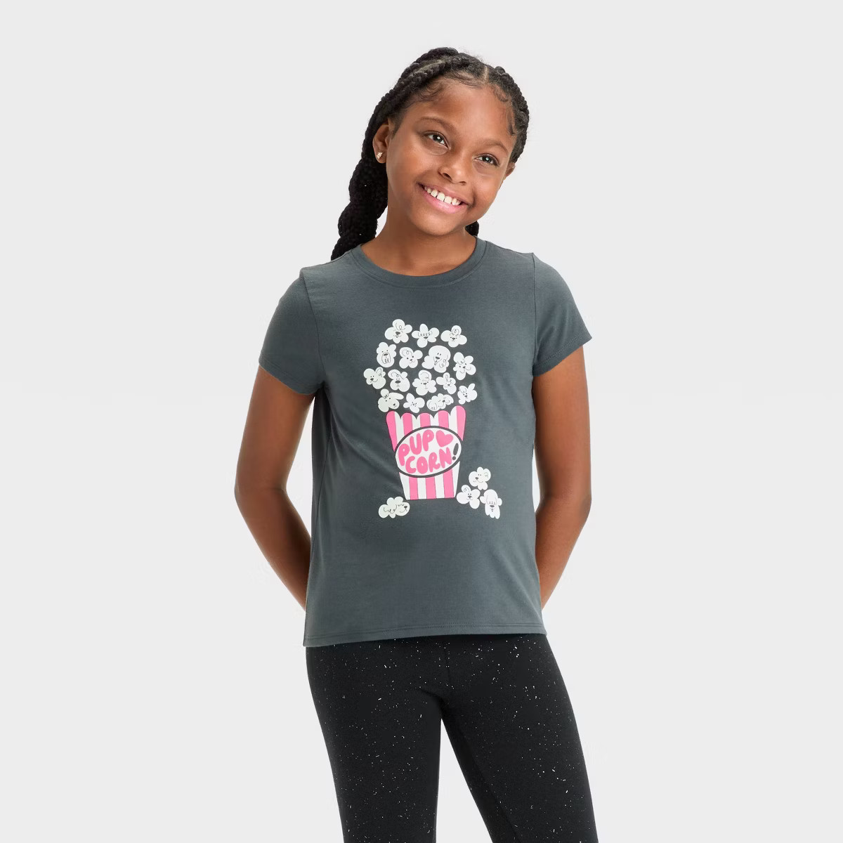 Girls' Short Sleeve 'Pup Corn' T-Shirt - Cat & Jack™ Charcoal Gray | Target