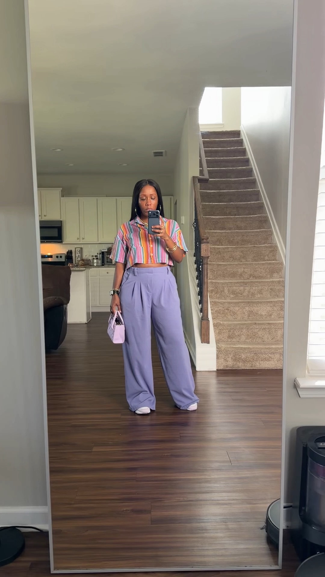 How I style purple Halara waffles print pants with a colorful stripe shirt
