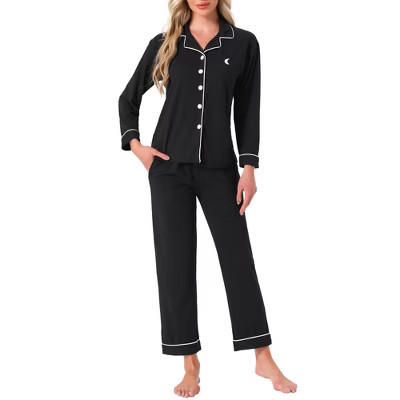 INSPIRE CHIC Women's Cotton Sleepwear Button Down Lounge Long Sleeve Shirt and Pants Pajama Sets Medium Black | Target