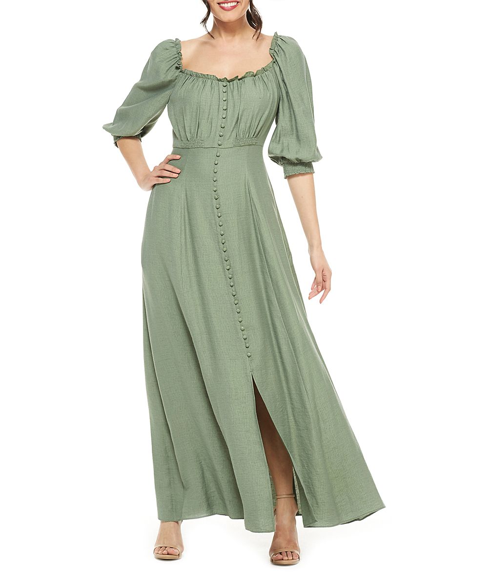 Gal Meets Glam Women's Casual Dresses GREEN - Green Button-Accent Joanna Square Neck Maxi A-Line Dre | Zulily