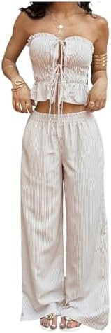 WDIRARA Women's Striped 2 Piece Pants Set Strapless Tie Bandeau Wide Leg Pants Outfits | Amazon (US)