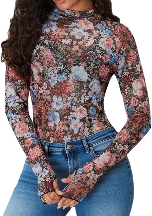 iGENJUN Lace Long Sleeve Shirts Sheer Floral Mesh Mock Neck Tops for Women Business Casual Fashio... | Amazon (US)