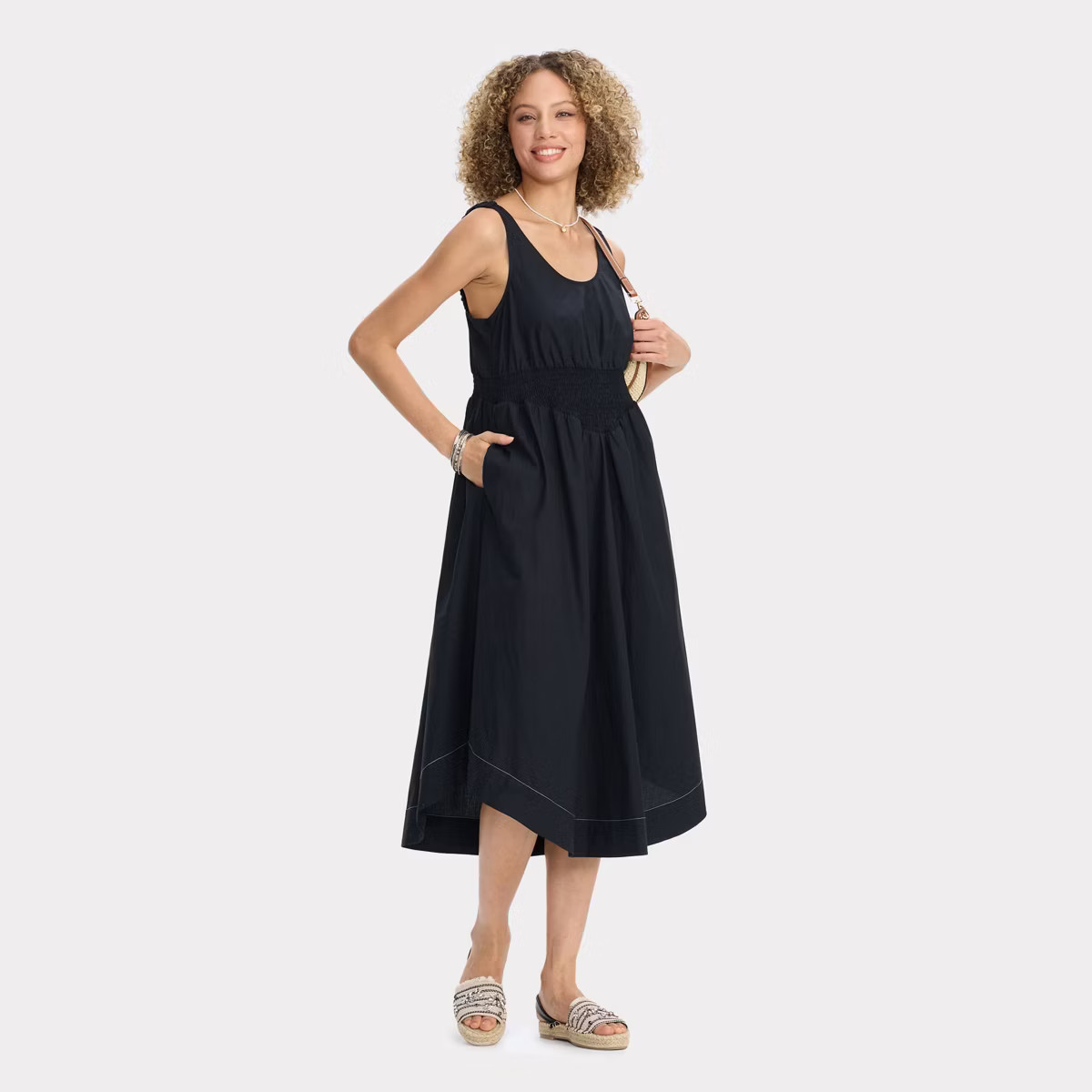 Women's Smocked Waist Poplin Midi A-Line Dress - Universal Thread™ Black S | Target