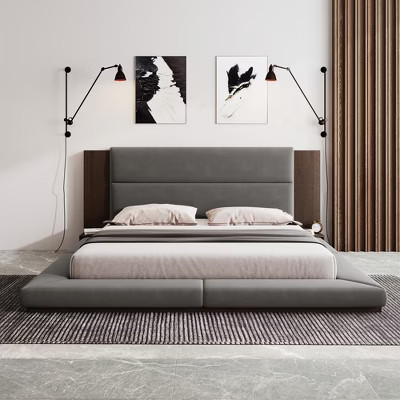 King Size Floor Upholstered Platform Bed Frame with Upholstered Headboard and Bedside Table, No Box Spring Needed, Grey-ModernLuxe | Target