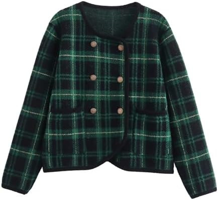 HOULENGS Women's Casual Plaid Print Double Breasted Cardigan Sweater Long Sleeve Round Neck Sweat... | Amazon (US)