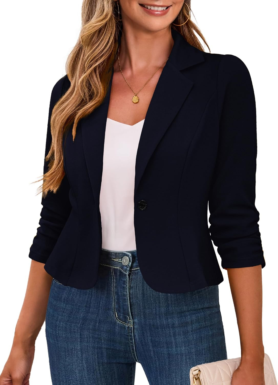 Traleubie Women's Cropped Blazer 3/4 Ruched Sleeve Business Casual | Amazon (US)