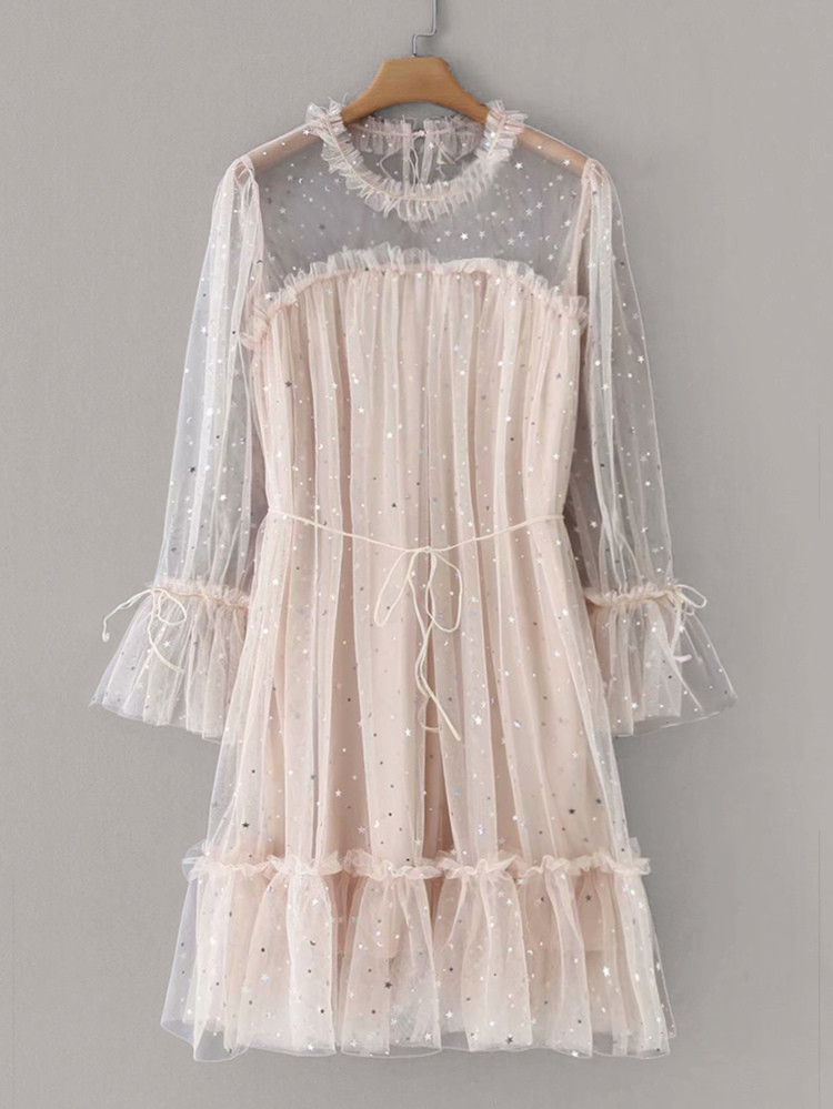 Flounce Sleeve Frill Trim Star Sequin Mesh Dress | SHEIN