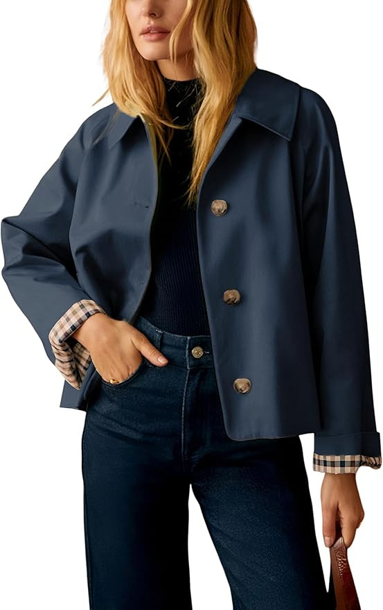 Women Oversize Trench Coat Plaid Lining Lapel Button Down Casual Crop Jacket Outwear with Pockets | Amazon (US)