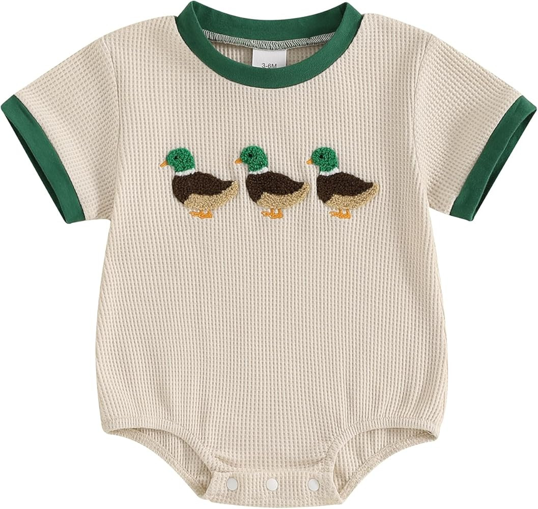 Newborn Baby Boy Summer Clothes Embroidered Romper Short Sleeve Waffle Jumpsuit Bodysuit Casual O... | Amazon (US)