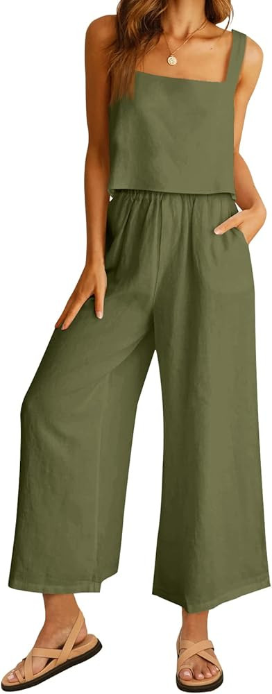 Women 2 Piece Outfits Lounge Matching Sets Linen Crop Top Wide Leg Pants Tracksuits with Pockets ... | Amazon (US)