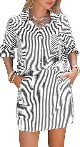 EXLURA Womens Summer 2 Piece Sets 100% Cotton Striped Long Sleeve Button Shirts Matching Skirt Be... | Amazon (US)