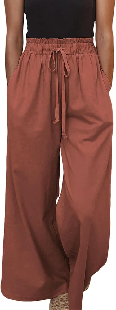 Yeokou Women Linen Cotton Wide Leg Pants Drawstring Elastic High Waist Casual Palazzo Trousers wi... | Amazon (US)