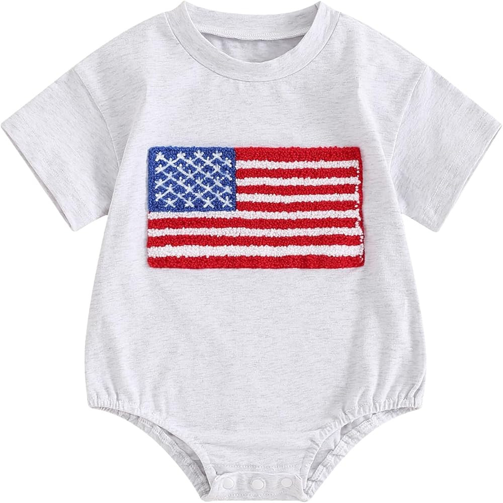 Baby Boy Girl 4th of July Outfit American Babe Embroidery Romper Short Sleeve Bubble Rompers Cute... | Amazon (US)