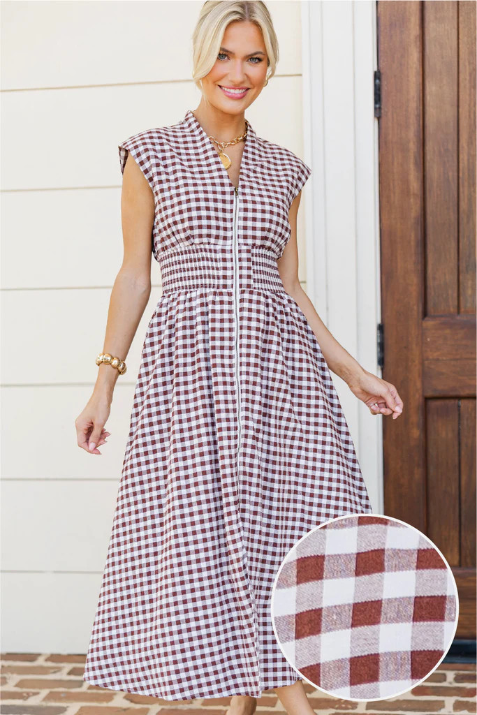 Sweet As Ever Brown Gingham Midi Dress | The Mint Julep Boutique