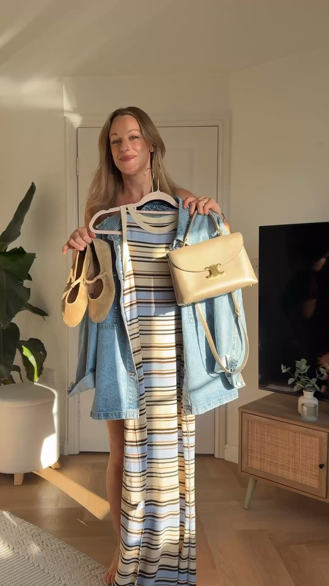 Easy spring  outfit idea day 24/30 💙 maxi dress stripe , denim shacket, suede ballet flats, celine bag , slip skirt spring outfit midsize

#LTKspring #LTKsummer #LTKmidsize