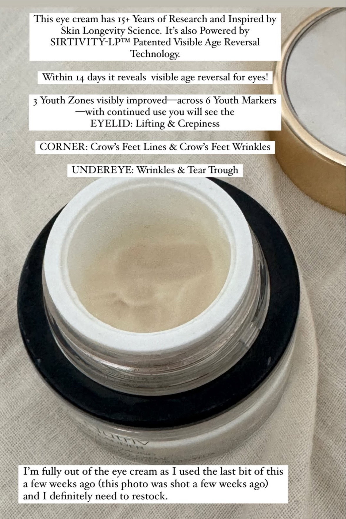 I'm fully out of the eye cream as I used the last bit of this a few weeks ago (this photo was shot a few weeks ago) and I definitely need to restock.

#LTKBeauty #LTKFindsUnder100
